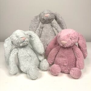 Lot Of 3 Jellycat Retired Bashful Bunny 8” Stuffed Animal Rabbits Gray Mint Pink